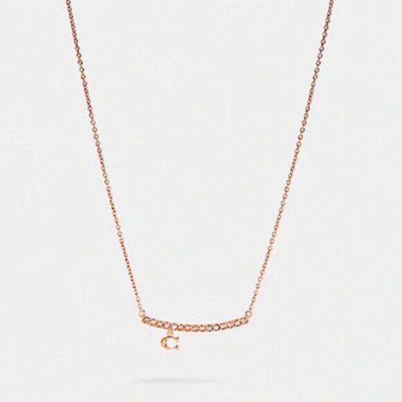COACH Signature C Pavé Bar Charm Necklace Rose Gold NWT - Picture 1 of 3